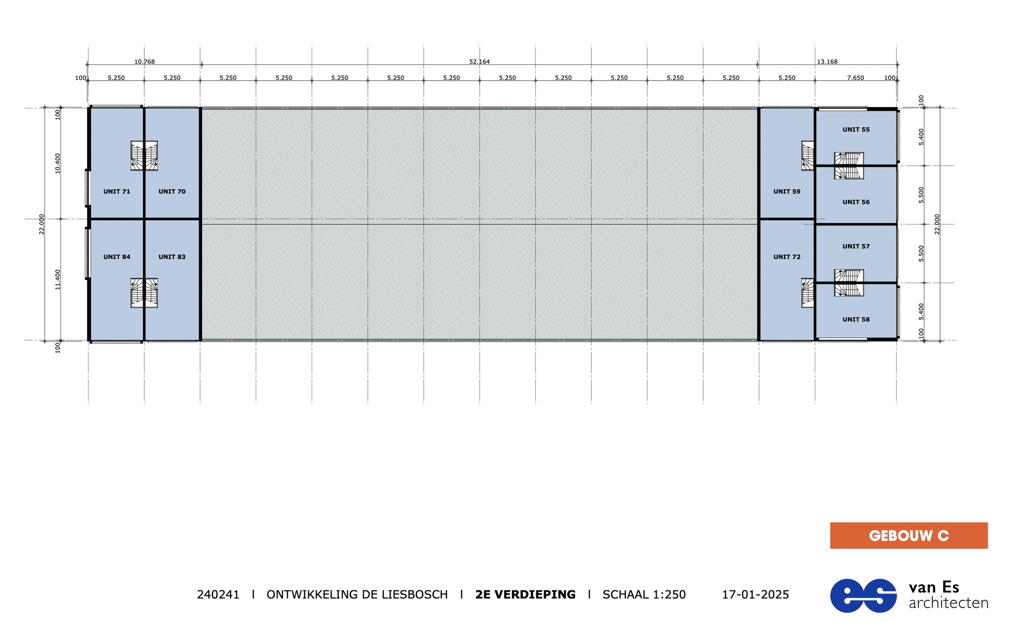 Plattegrond van de tweede verdieping van Gebouw C in ontwikkeling De Liesbosch met diverse units en afmetingen.